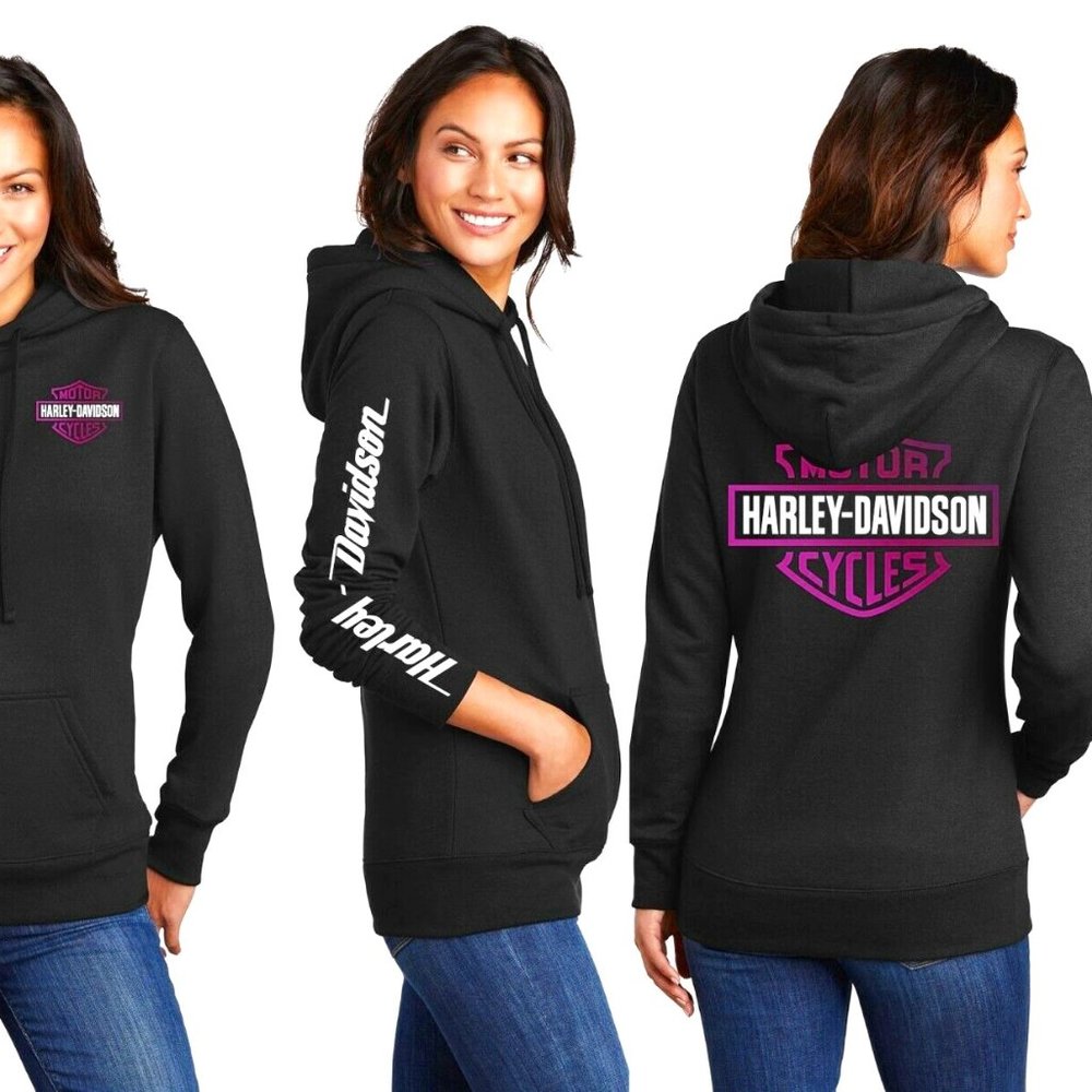 Ladies Harley Davidson Hoodie Black METALLIC PINK Slimming Flattering Wife Gift